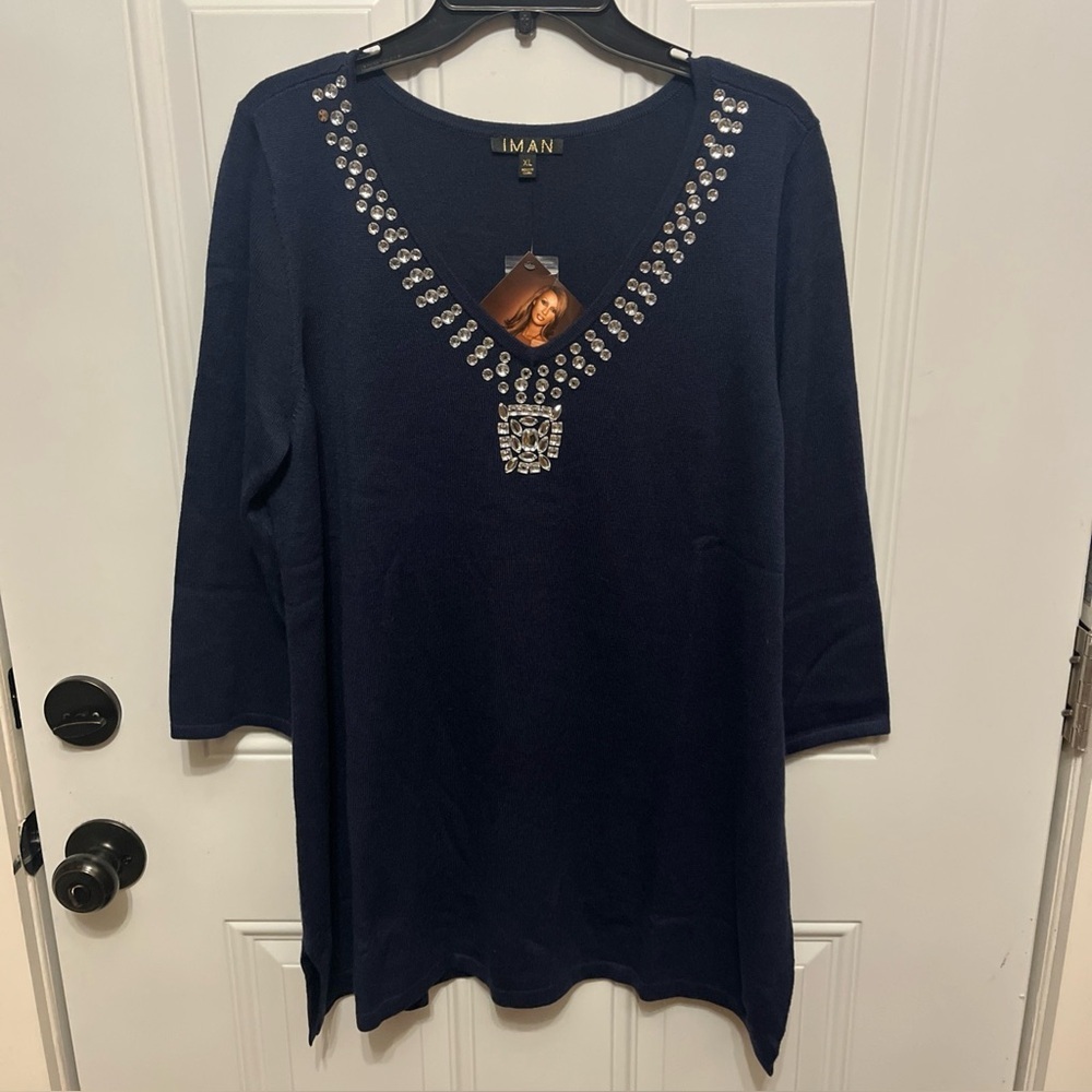 IMAN Midnight Blue Tunic with Silver Accents NWT